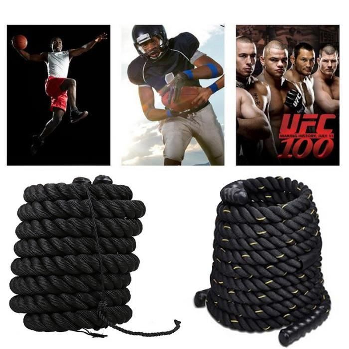 Corde de sport longueur 12M diamètre de 38MM câble bataille avec poignées en caoutchouc fitness et musculation - noir