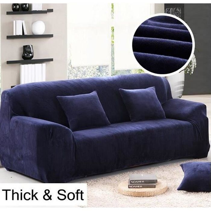 Housse de Canapé Velours 4 Places 235-300cm Élastique Spandex Revêtement de Canapé Épais Bleu Foncé