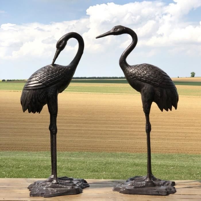 Couple de Héron Oiseaux Décoration Jardin d'Extérieur Fonte Alu Marron 75 cm x 35 cm - 10991-10993-Heron-Bis