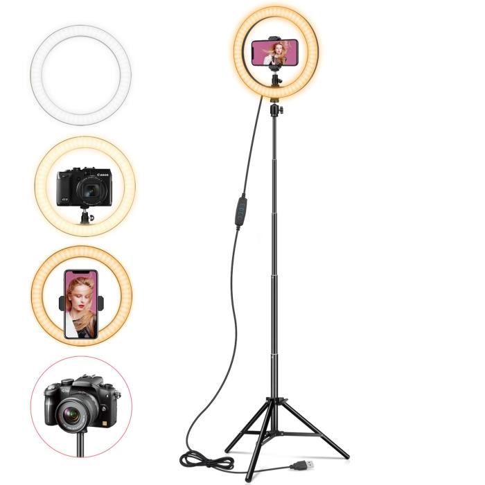 Anneau lumineux 10 -avec trépied et support de téléphone pour vidéo YouTube, anneau lumineux LED pour appareil photo