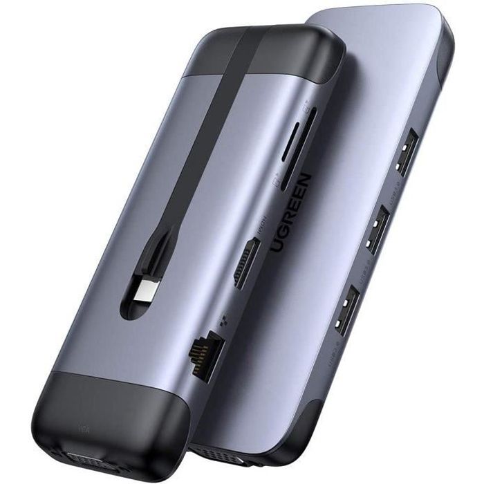 Hubs USB UGREEN Hub USB C 9 en 1 vers HDMI 4K, Charge PD 100W, Ethernet 1Gbps, Lecteur Carte SD TF, VGA, 3 Ports USB 3.0 19106