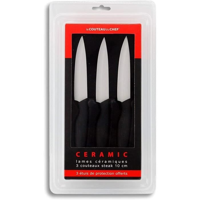 Le Couteau du Chef, Tarrerias Bonjean 441780 Set de 3 Couteaux à Steak Lames céramiques 10 cm manche ergonomique Soft Touch