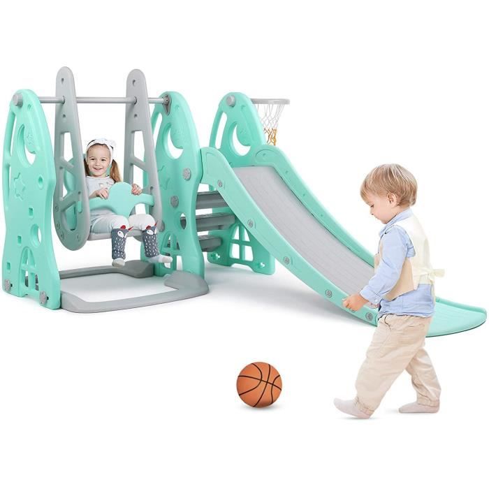 Bamny Toboggan et Balançoire pour Enfants avec Panier de Basket et Basketball, Toboggan pour Enfants Balancoire Bébé(jusqu'à 25 kg)