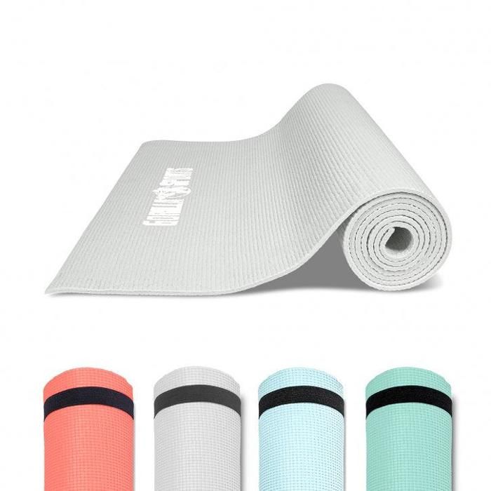 GORILLA SPORTS ® Tapis de yoga, Pilates et fitness PVC Gris avec sangle - 180 x 60 x 0,5 cm