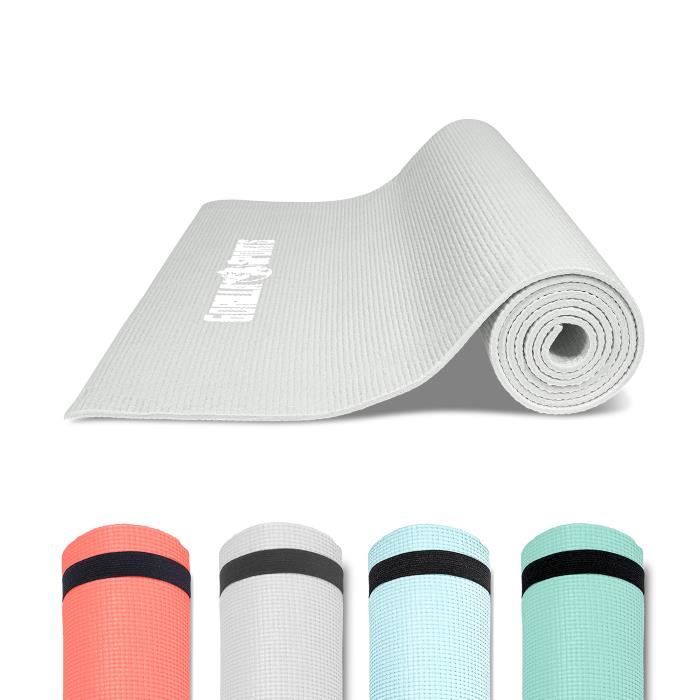GORILLA SPORTS ® Tapis de yoga PVC gris - 180 x 60 x 0,5 cm - tapis de gymnastique avec sangle de voyage pour le yoga, le pilates et