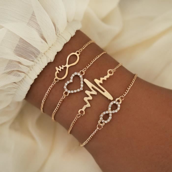 Bracelet Lot de 4 Infini Coeur Battement Doré