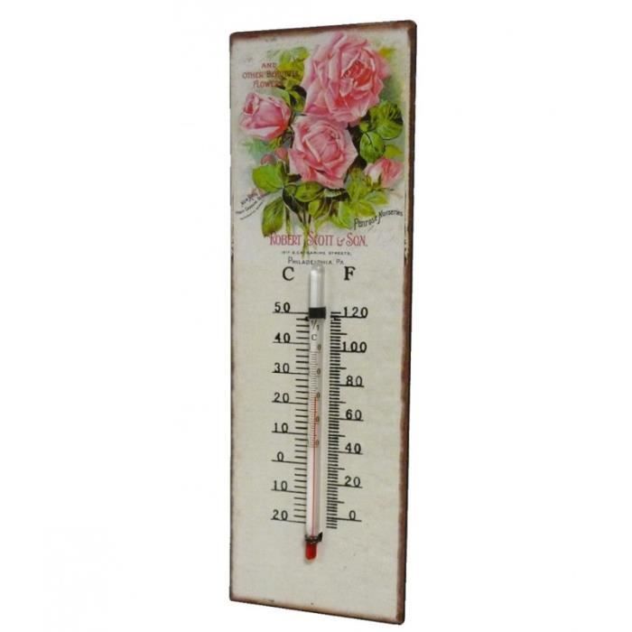 Thermomètre Mural Décoratif en Celsius et Farenheit ou à Poser Motif 'Floral Vintage' en Fer et Papier Vernis 0,5x8x25cm