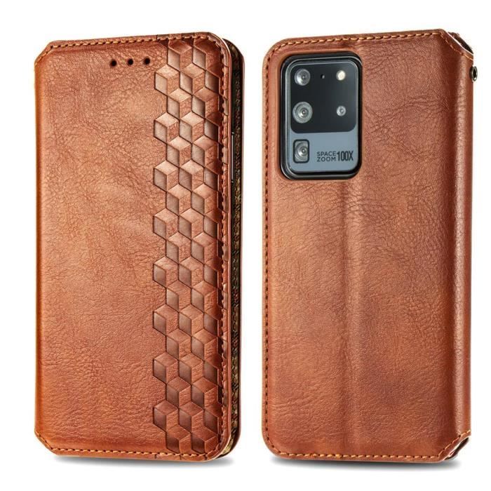Étui Samsung Galaxy S20 Ultra (5G)+Film Protection écran, Marron Housse Protection Cuir Souple Porte-cartes avec Support Léger