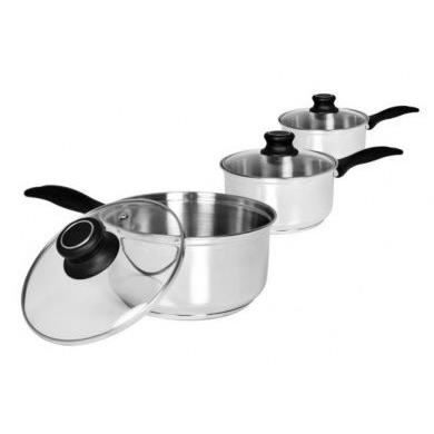 Lot de 3 casseroles en acier inoxydable et couvercles en verre 14 cm 16 cm 18 cm