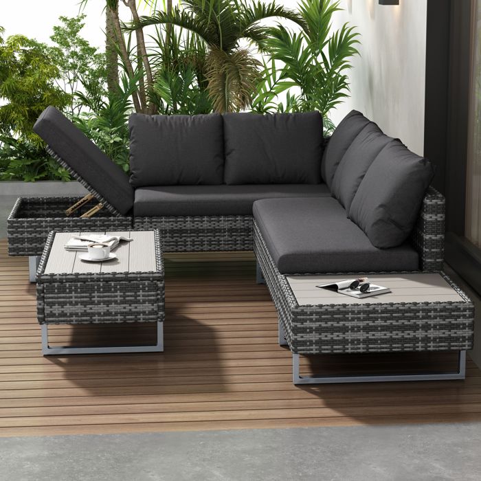 salon de jardin pour 4-5 personnes - canapé d'angle+table & coussins - canapé lounge en poly rotin avec espace de rangement,gris