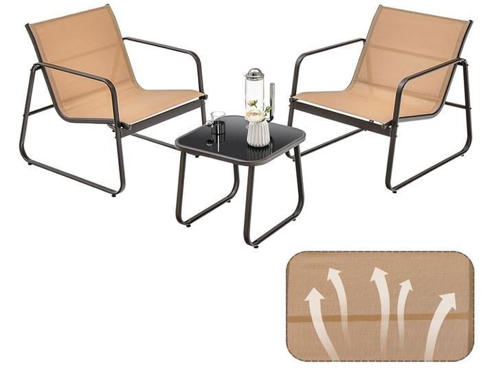 GIANTEX Ensemble Salon de Jardin 3 Pcs-2 Chaises/Fauteuils en Tissu +Table Basse de Jardin en Verre Trempé- Cadre en Métal- Café