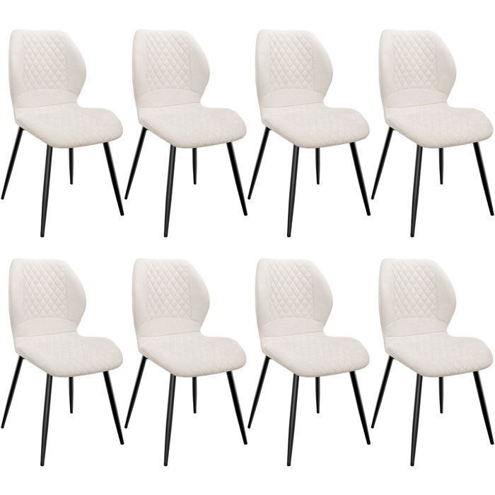 Chaises de salle à manger - WAFTING - Lot de 8 - Coussin éponge/lin - Pieds métal - Motif diamant