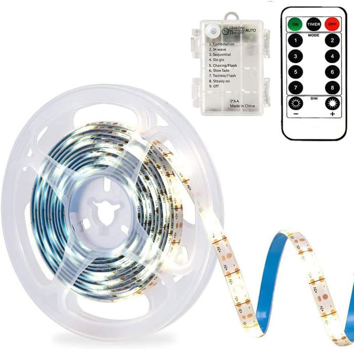 Bande lumineuse LED 3 m avec batterie et télécommande étanche 8 modes intensité variable autocollante et découpable(blanc froid)