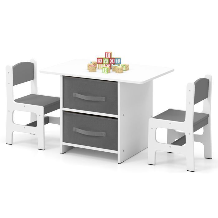 Table Enfant avec 2 Chaises - COSTWAY - 2 Tiroirs en Tissu & Puzzle - en Bois avec Design Ergonomique - Coins Arrondis - Gris