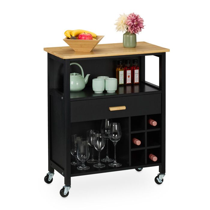 Relaxdays Desserte de cuisine pour 6 bouteilles tiroir spacieux plan de travail 80 x 65 x 35 cm noir et nature
