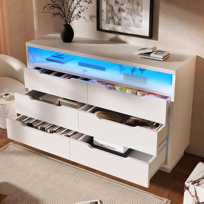 Buffet commode avec éclairage LED et 6 tiroirs compartiment de rangement avec grain de marbre Armoire moderne Blanc Buffet commode avec éclairage LED et 6 tiroirs compartiment de rangement avec grain de marbre Armoire moderne Blanc