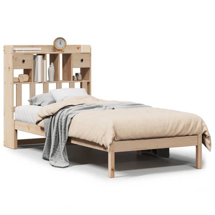 Lit simple - VIDAXL - 90x190 cm - Bois de pin massif - Tête de lit bibliothèque - Avec tiroirs