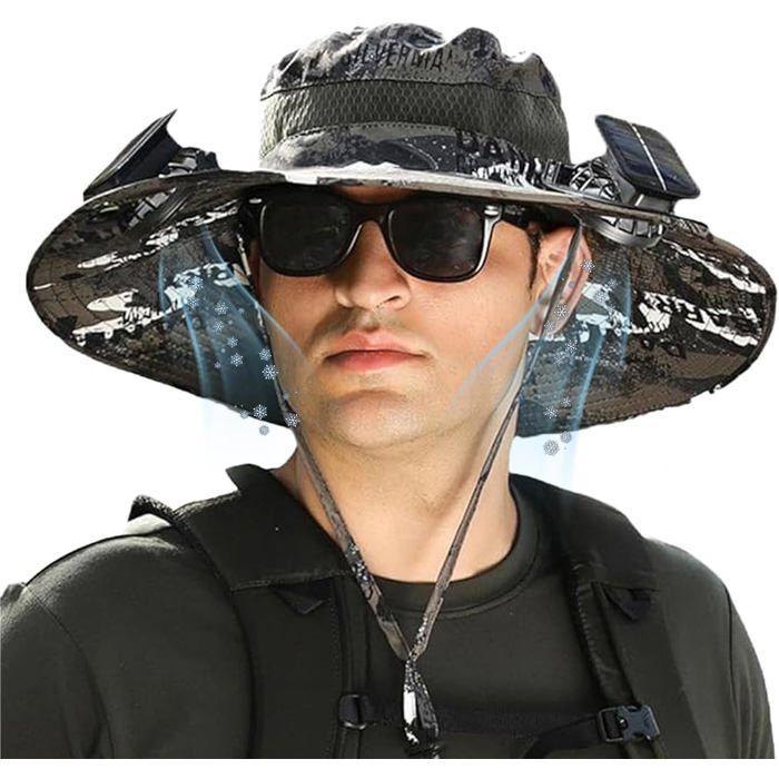 ®RisingFF Chapeau à larges bords avec ventilateur solaire double alimentation solaire et USB adapté aux amateurs de plein air