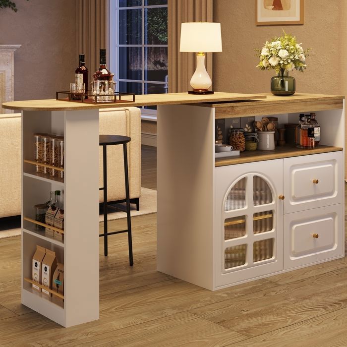 Table Bar Haute Extensible avec Rangements Buffet Bar Rotatif 360° en MDF Tiroirs Niches Ouvertes et Porte Vitrée Arquée Blanc