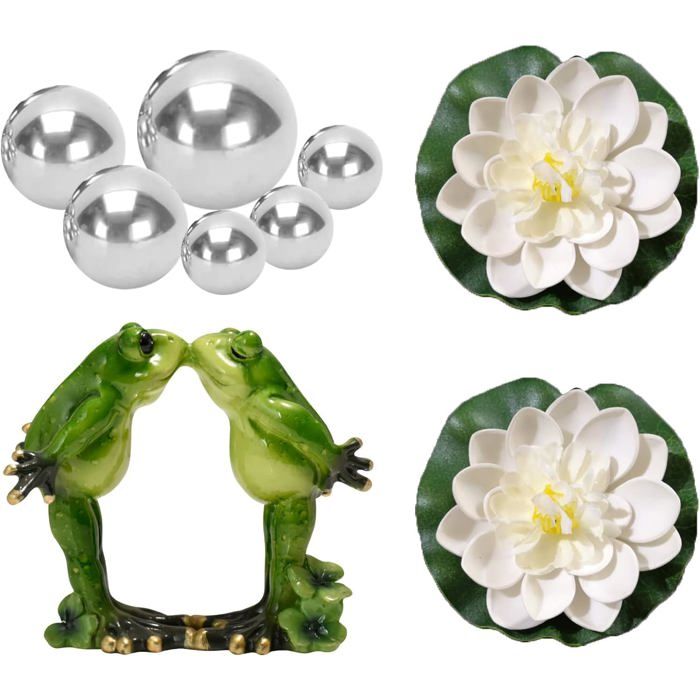 Décoration Bassin Extérieur DOMINICK Mini Bassin Décoratif Grenouille Flottante Avec 6 Boules Argentées Et 2 Fleurs De Lotus Pour Mini étang De Terrasse Fontaine Solaire Pour Jardin Décor Flottant Boules Argent