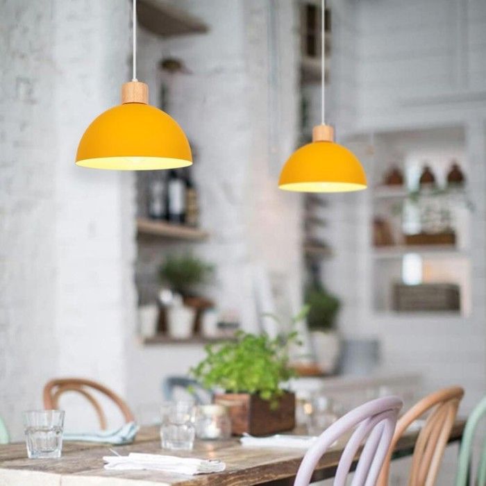 Lustre suspension - SMOTOP - Demi-cercle Ø25 cm - Jaune métal & bois - Lot de 2 2x E27