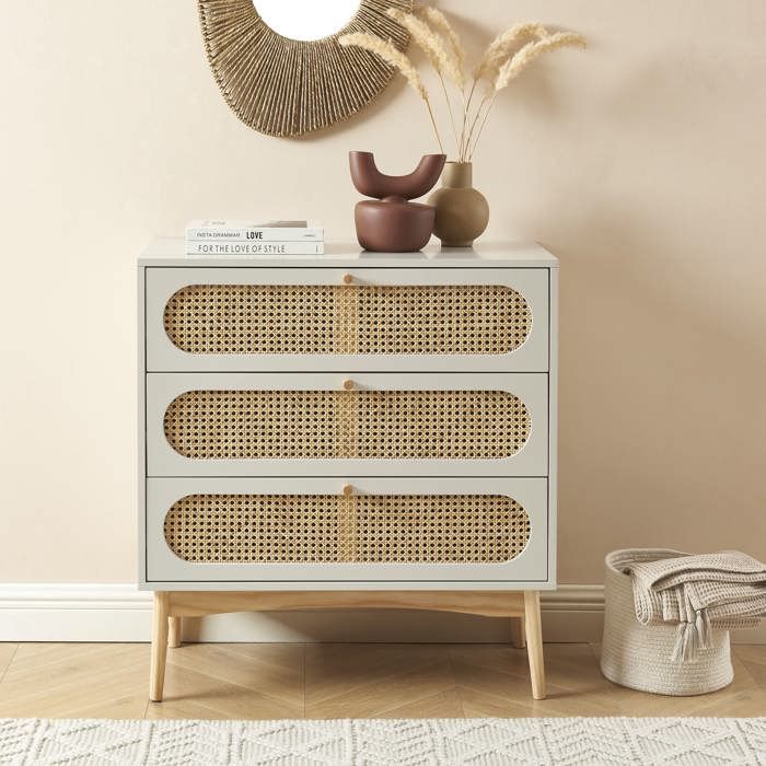 Commode SIXTINE gris perle et cannage rotin 3 tiroirs