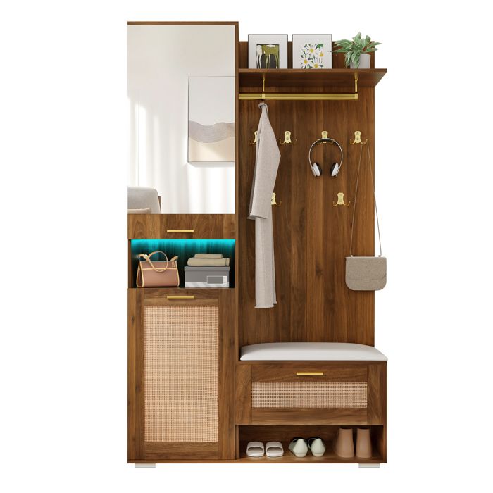 Vestiaire dentrée avec Banc à chaussures et miroir Meuble entree avec 6 patères dorées et éclairage LED Noyer 110x38x190 cm
