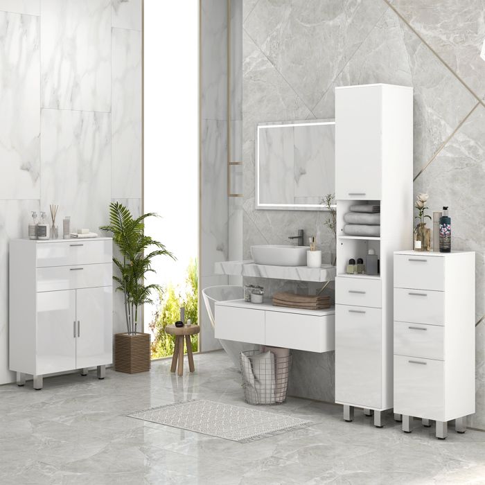 Meuble de salle de bain sur pied - 4 tiroirs et base surélevée commode salle de bain salon chambre 30x30x93cm blanc