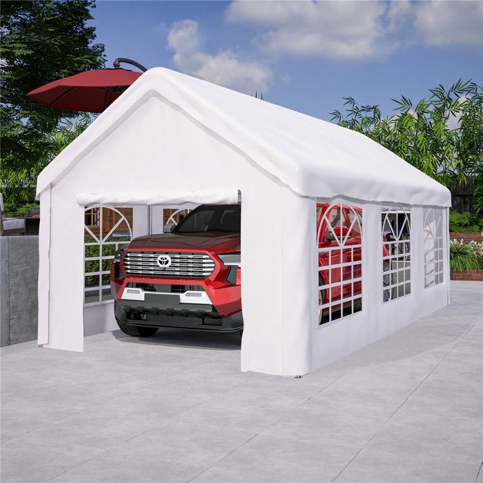 Carport Abri Voiture 3 x 6 m Garage Voiture Exterieur avec Parois Latérales Amovibles et Porte Roulant Fenêtres pour Bateau Blanc