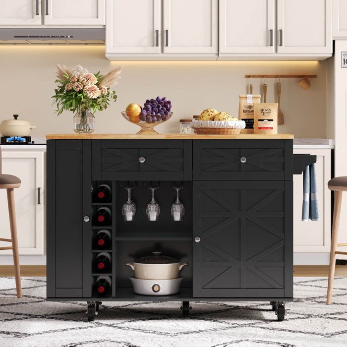 Desserte à Roulettes Extensible - Novélys - 2 Tiroirs Porte-Épices & Range-Bouteilles - Plateau Bois - Noir