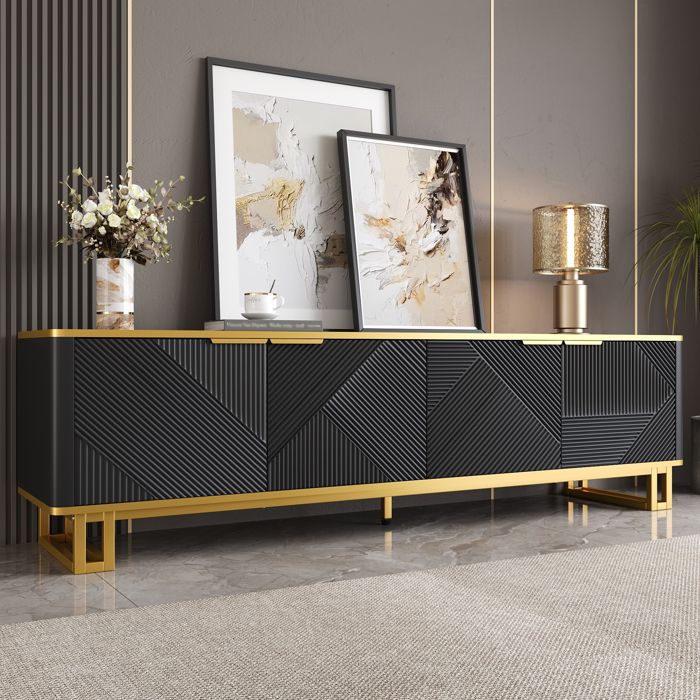 Meuble TV quatre portes meuble bas panneau TV texture géométrique design contemporain unique structure en fer noir 160 cm