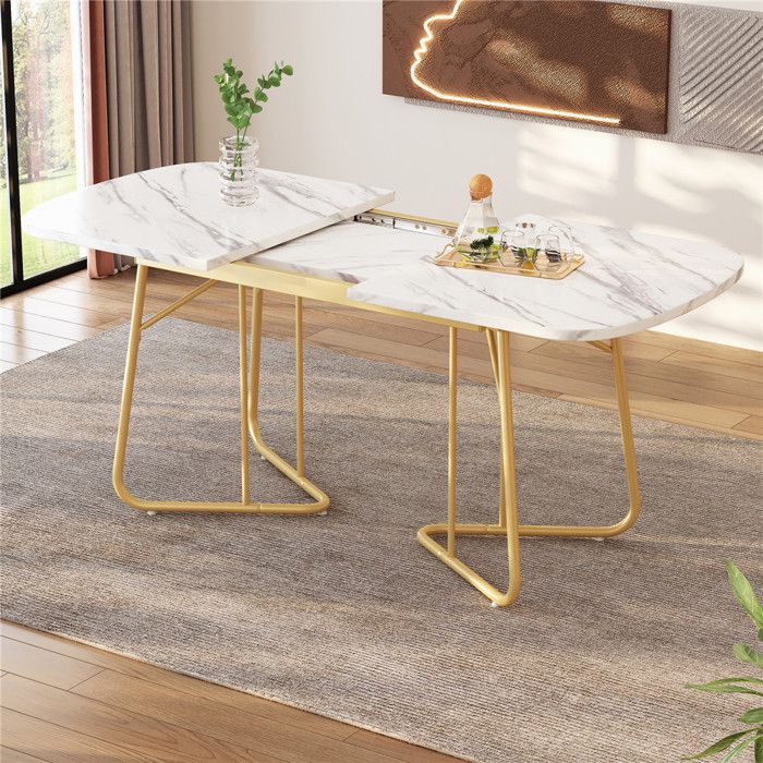 Table Extensible Salle a Manger Blanche 4 à 6 Personnes avec Motif Marbre Table Cuisine avec Pieds en Métal Doré - 140–180 x 80 cm