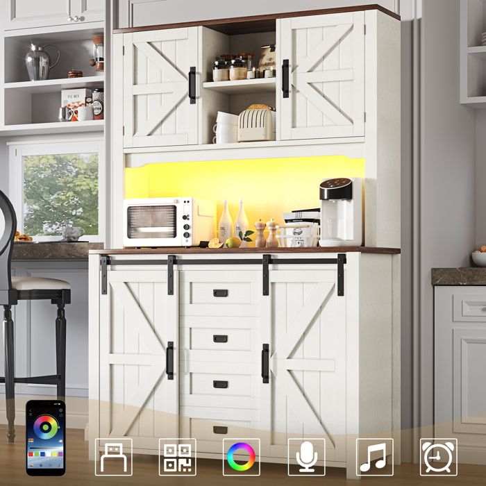 Buffet Hauts 174.7cm avec portes coulissantes et éclairage LED Meuble de salle à manger Armoire de Rangement Meubles de cuisine