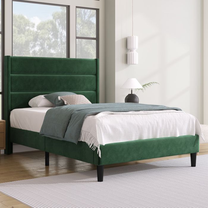 Lit 90x200 cm en velours vert foncé avec tête rembourrée à panneaux et sommier à lattes inclus – Design moderne