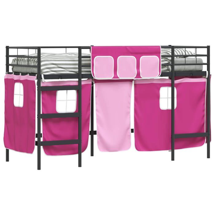 Lit mezzanine pour enfants - vidaXL - Noir et Rose - Cadre en métal - 95x194x116 cm - Rideaux en maille