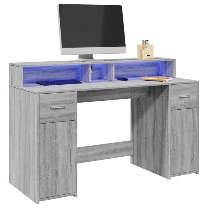 NEW 2026 LED Bureau décriture - Table 1 personne - moderne - sonoma gris 140x55x91 cm bois ingénierie L1665