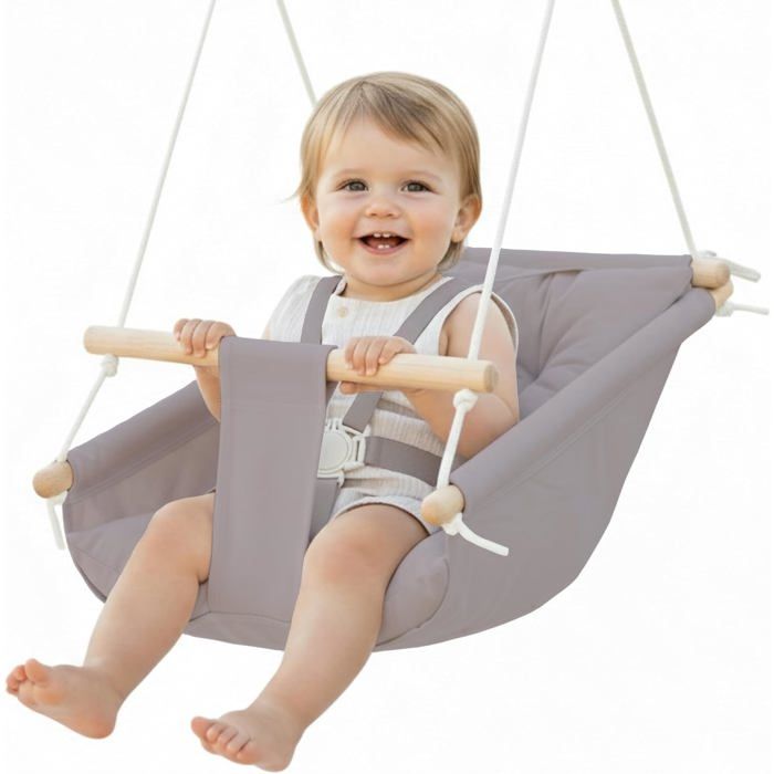Hamac pour bébé en Toile Chaise Suspendue en Bois avec Ceinture de sécurité Chaise hamac Durable pour bébé Gris Taupe