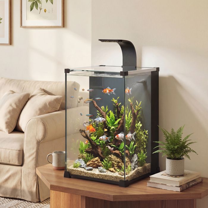 Meilleurs prix pour Aquarium en Verre Trempé Nano Aquarium avec Filtre Intégré Pompe 5W et Éclairage LED 30x30x45cm Noir
