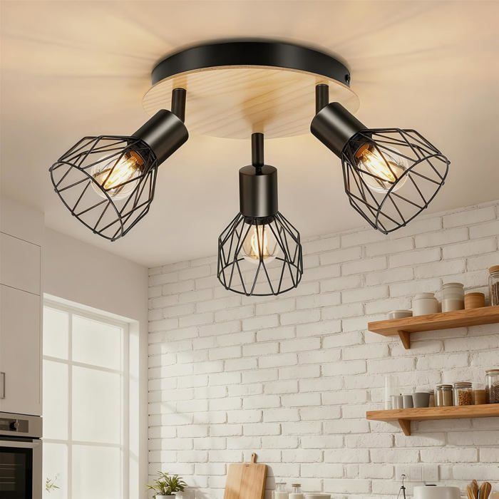 Plafonnier 3 spots orientable-KAL-Plafonnier 3 Spots Noir Luminaire Orientable E14 Grille Métallique pour Cuisine Chambre Salon