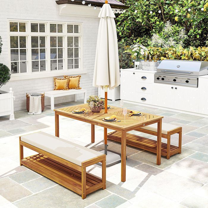 Ensemble de salle à manger jardin - 3 pièces - Table 150x85x75 cm - Trou parasol Ø50 mm - 2 bancs avec coussins