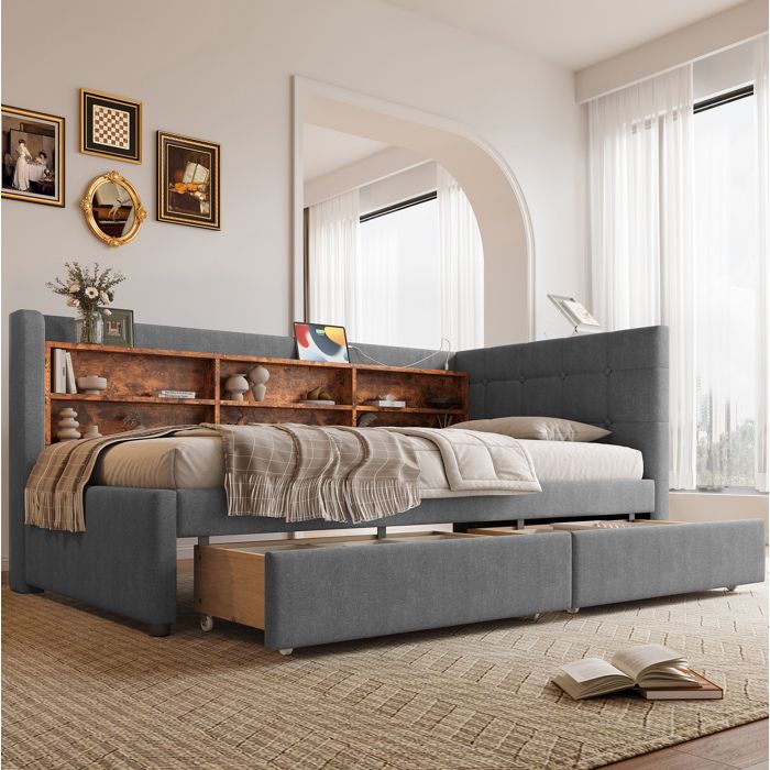 Lit banquette gris en lin avec 2 tiroirs USB-C et rangements intégrés
