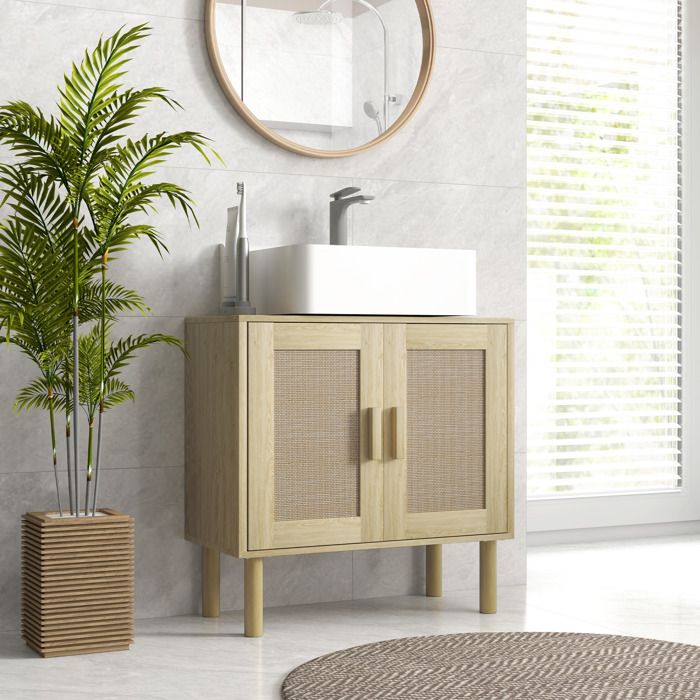 MOTHINESSTO3088-Meuble salle de bain sous lavabo meuble sous lavabo portes en rotin pieds bois de pin 2 niveaux 60 x 30 x 60 cm chên