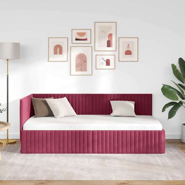 Rouge Cadre de Lit pour 90cmx190cm - SWEETY Strcutrue de lit dangle Bordeaux 90cmx190cm Velours CL85099594216