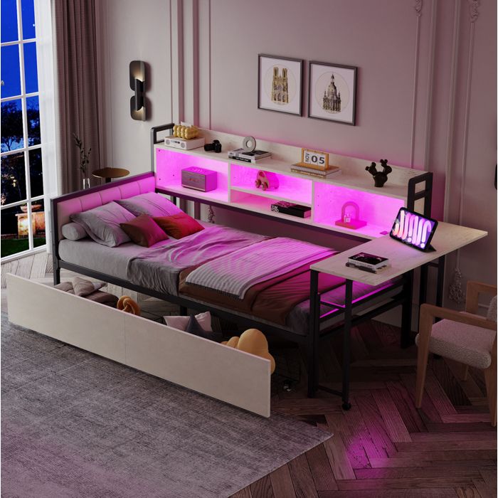 Lit Combiné Simple 90×200 cm 2 Tiroirs LED Prise et Bureau Escamotable - YEAVIO - sans matelas Métal Blanc