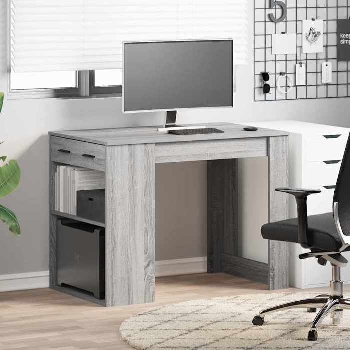 Gris Bureau 2/4 personnes - SHIELD - Table de repas - Charge max 60 kg - avec tiroir et étagère sonoma gris bois dingénierie