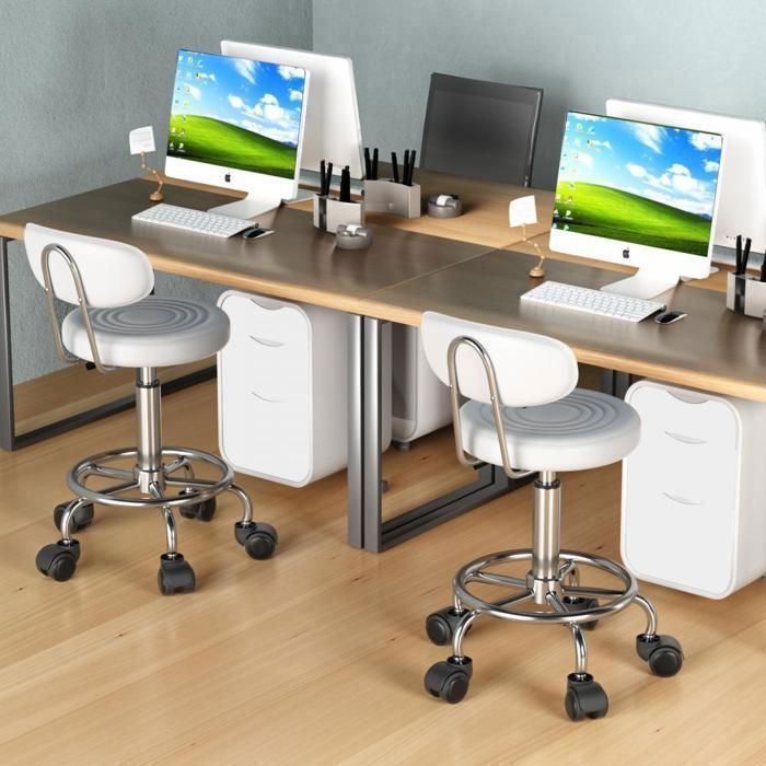 LVHCMFOHM Lot de 2 Tabourets de Bureau avec Dossier - Tabouret à roulettes en PU - Hauteur Réglable - Rotation à 360° - Blanc