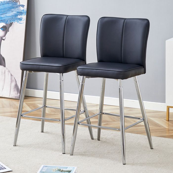 VLIVRA Lot de 2 tabourets de bar avec dossier ergonomique et repose-pieds réglables - métal et simili cuir noir/argenté