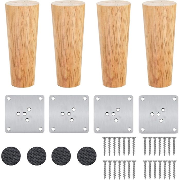 Lot de 4 Pieds De Meuble Bois Pieds Coniques Pieds De Table en Bois de Chêne Naturel Rond avec Vis pour DIY Meuble Sofa Tiroir(8 cm)