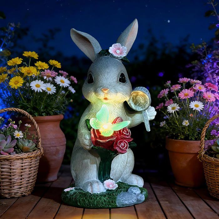 Statue solaire de lapin pour jardin extérieur déco animaux avec lumière lapin attrapant des papillons idéale en intérieur et cade