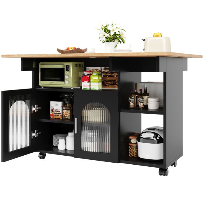 Îlot de cuisine mobile – rangement multifonction – plateau relevable – noir et naturel